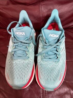Hoka Running Shoes in Red and Light Blue